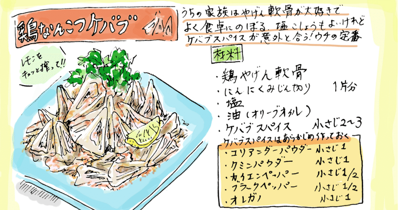 思い出レシピ 鶏なんこつケバブ 豚バラキャベツ焼き飯 Misa Okubo イラストレシピ Note 思い出レシピ 鶏なんこつケバブ 豚バラキャベツ焼き飯 Misa Okubo イラストレシピ Note