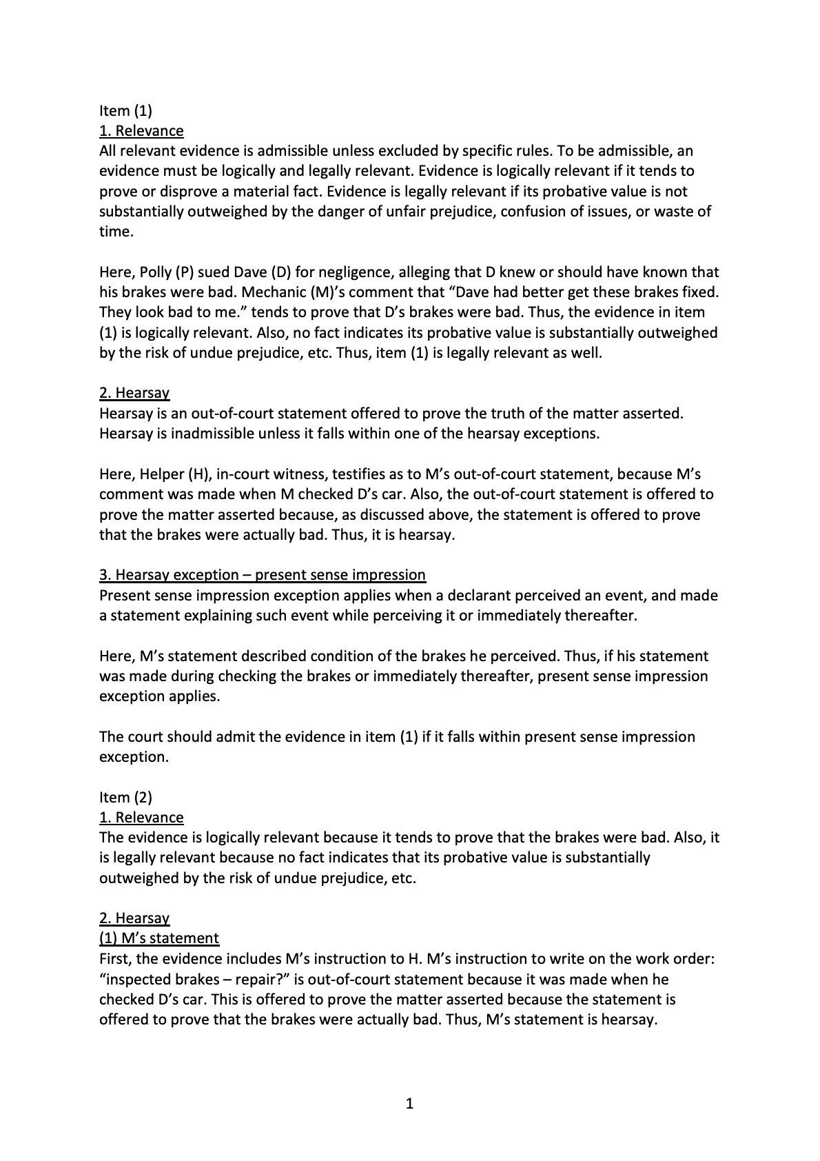 CA Bar Exam 練習答案 Evidence (July 2007)｜うに弁護士