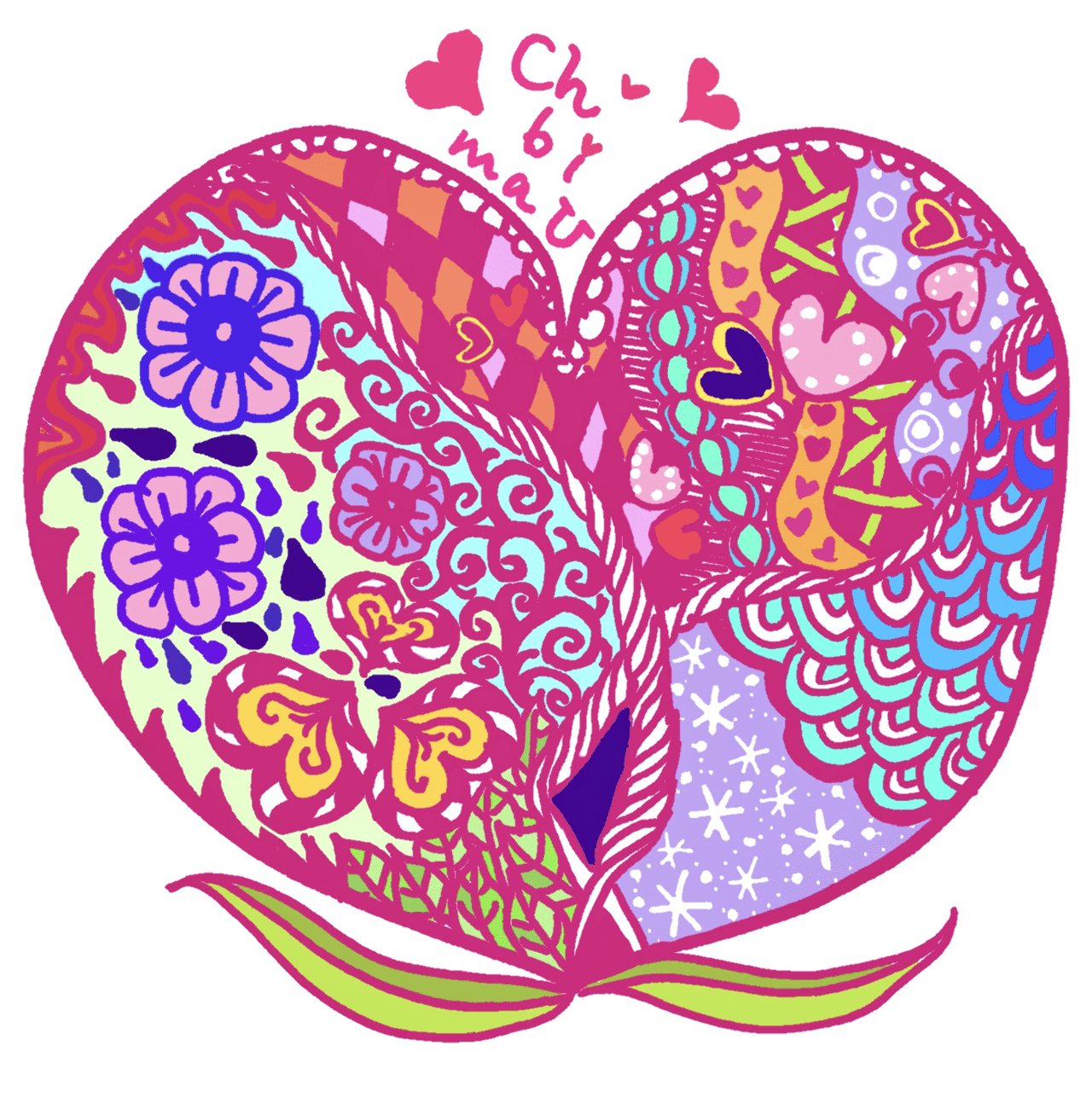 創作【♡ピンクはーと♡】手描きイラスト 下絵付き 創作【ピンクはーと】手描きイラスト 下絵付き