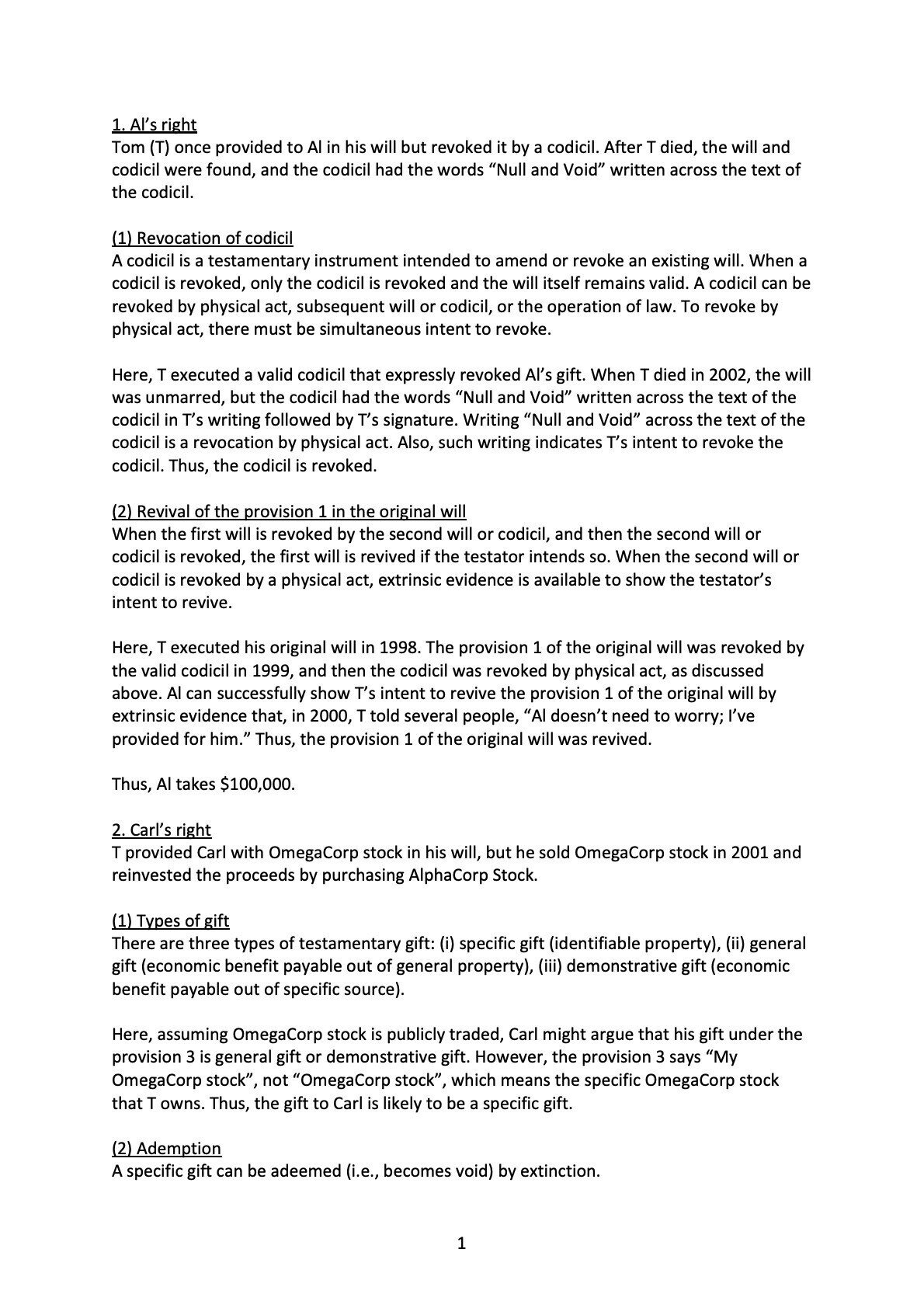 CA Bar Exam 練習答案 Wills and Trusts (July 2003)｜うに弁護士