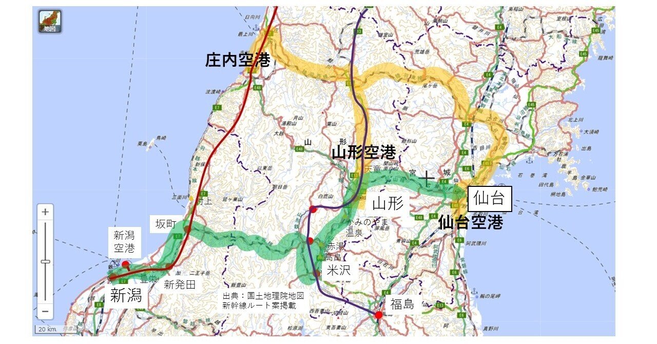 羽越・奥羽新幹線ルート・停車駅案(路線図)の全体像と、広域的鉄道網整備に関する考え方