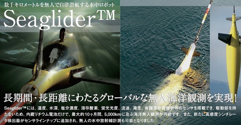 数千キロメートルを無人で自律潜航する水中ロボットSeaglider™
長期間・長距離にわたるグローバルな無人海洋観測を実現！