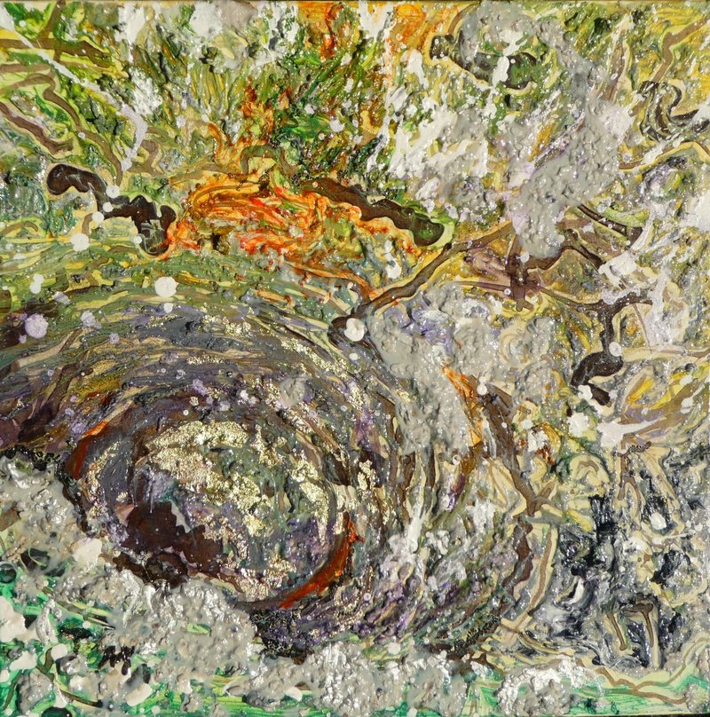 地球の手紙-泥火山　2021年　Ｓ３白亜地キャンバスに油彩、紅茶インク、胡粉、牡蠣殻、アルキド、シジラータ、箔P1130244 (2)