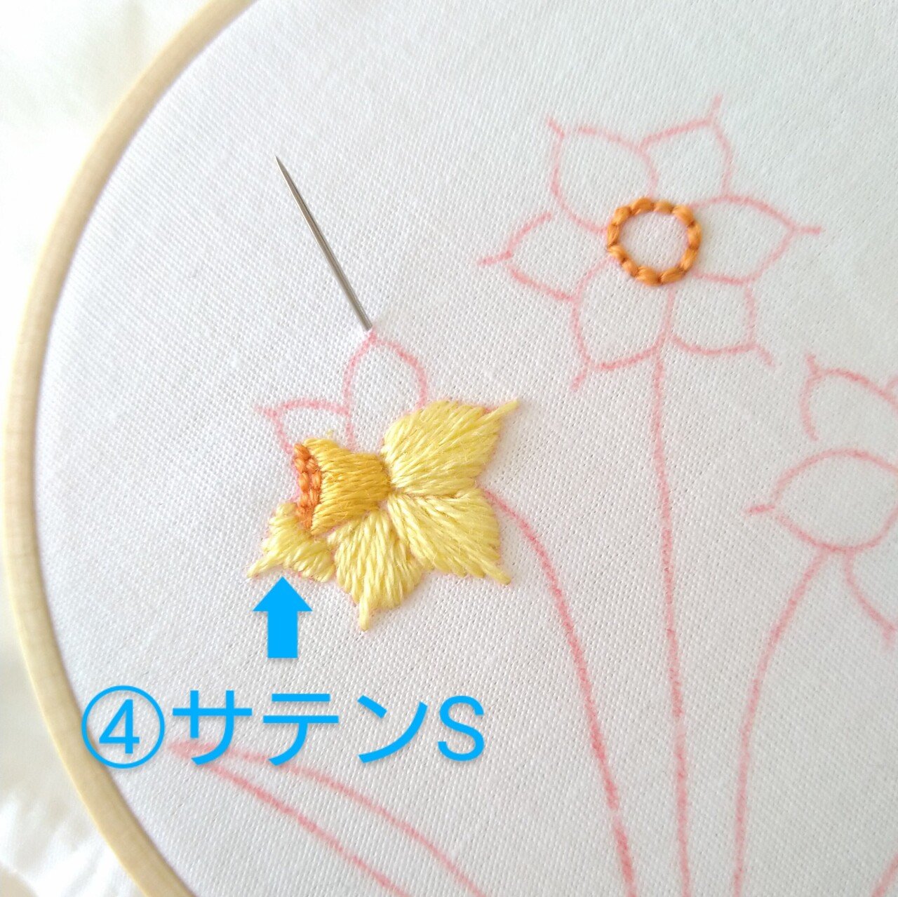 刺繍　花　ハンカチ　3枚まとめて スイセンの花の刺繍ハンカチキットを作ろう* ステップ5