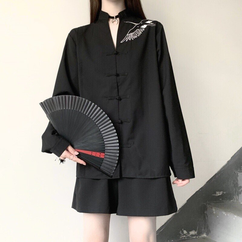 ブラウス ガーリー 病み可愛い 中華風 黒シャツ 甘め 白シャツ 可愛い オルチャン 原宿系 10代 代 モード系ファッション専門店 With U Note