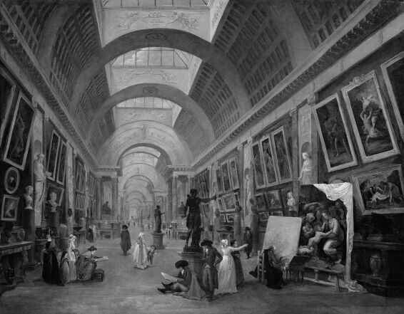 フランス革命を経て「中央美術館」となったルーブル。その頃のグランド・ギャラリーを描いたユベール・ロベールの作品（第3章のトビラから）