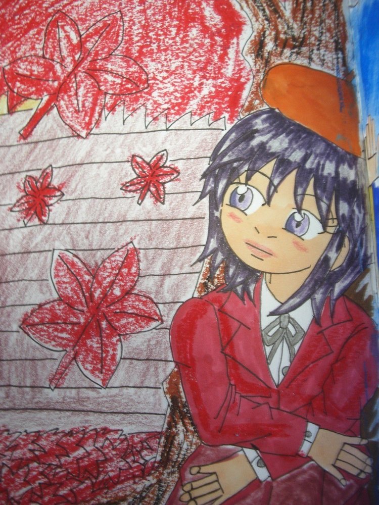 3ページ目は、”赤”。　紅葉の季節を描きました（余談ですが、今年は、秋が、例年より、短かったですねぇ…）。
