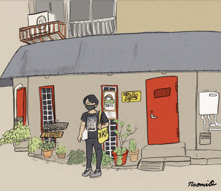 西荻窪を夫と歩いた日のスケッチ。真っ赤な扉のBAR ラジオの前でパシャリ📷　　#スケッチ #イラスト #散歩 #この街がすき #休日のすごし方