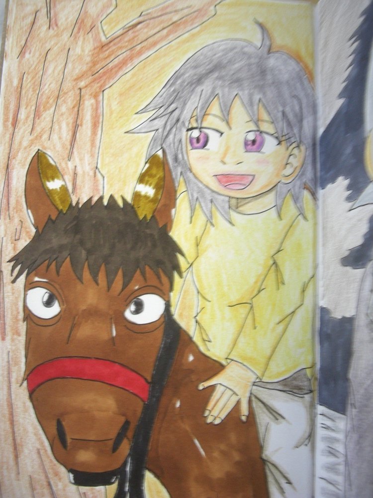 さて、今回は、”茶色”。　これが、少し、難しかったですねぇ…。　まぁ、茶色い馬を描いて、乗馬させて、このような形になりましたけれどね…(^-^;