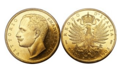 ヴィットリオ・エマヌエーレ3世の大型100リレ金貨