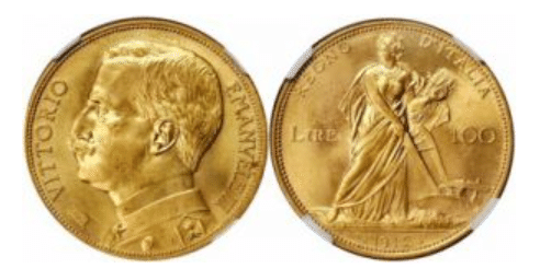 エマヌエレ3世の麦を刈る女神 100リレ金貨