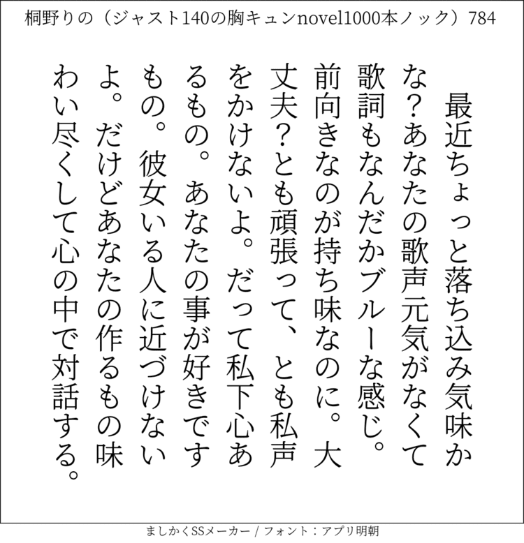 最近ちょっと落ち込み気味かな？あなたの歌声元気がなくて歌詞もなんだかブルーな感じ。前向きなのが持ち味なのに。大丈夫？とも頑張って、とも私声をかけないよ。だって私下心あるもの。あなたの事が好きですもの。彼女いる人に近づけないよ。だけどあなたの作るもの味わい尽くして心の中で対話する。#140字SS #140字小説 #短編小説 #ショートショート #超ショートショート #恋愛 #胸キュンnovel1000本ノック #Twitter小説  #twnovel