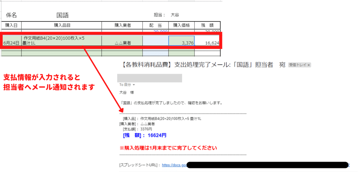 支払情報が入力されると 担当者へメール通知されます。