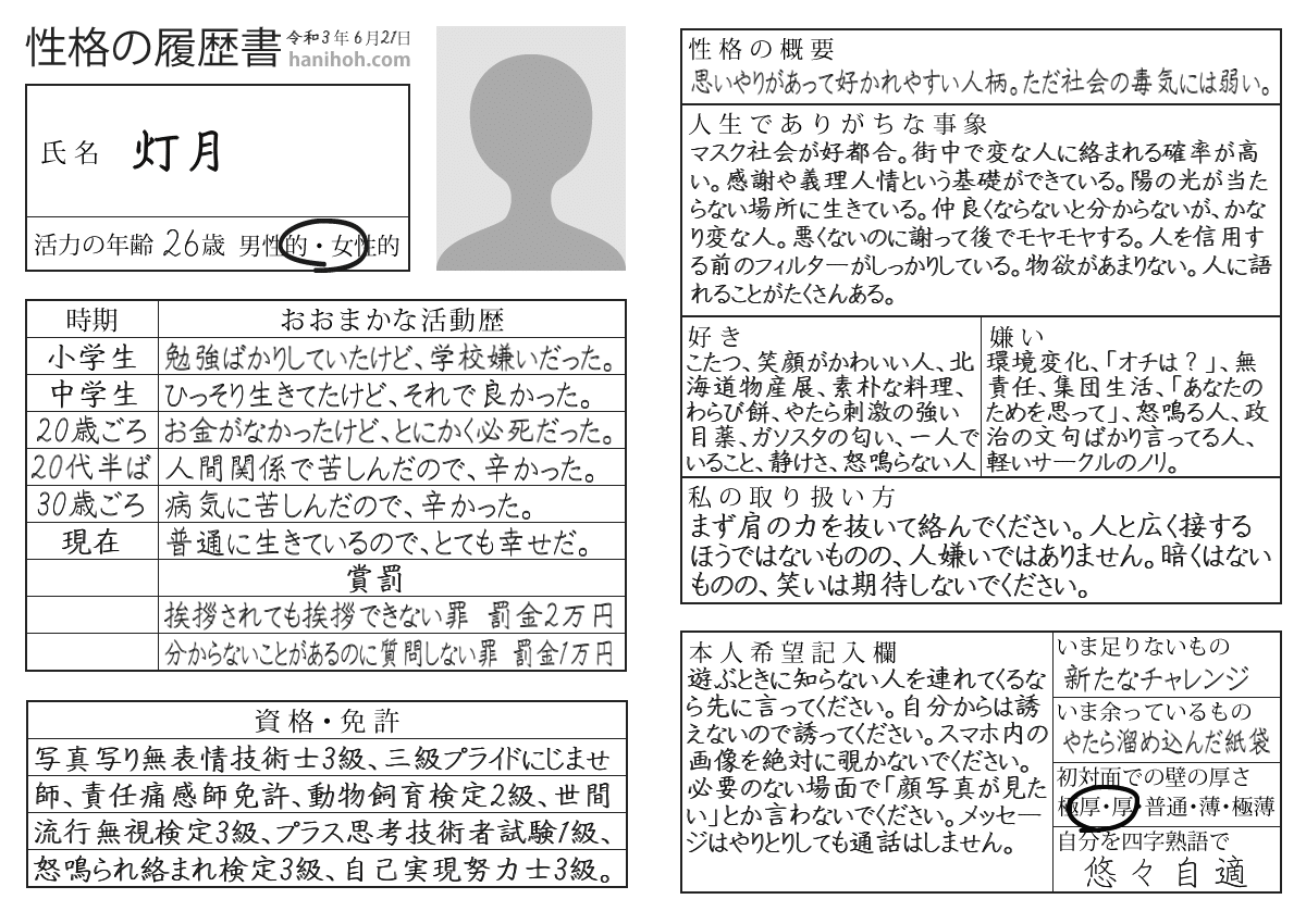 Twitterで見かけた性格の履歴書やってみた けっこう当たってる 変な人には絡まれた ことはないけど よく道を尋ねられます Hiroko 灯月 あかつき Note
