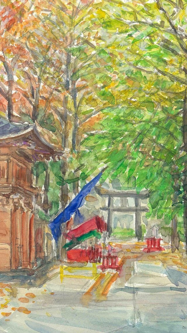 地元である東京都立川市の諏訪神社です。今や立川は巨大に発展し、次々にビルが建ち、日々変わり続けていますが、少し駅から離れると、中々に自然を残している街です。秋には紅葉が綺麗な場所も幾つかあって、スケッチブック片手に繰り出します。