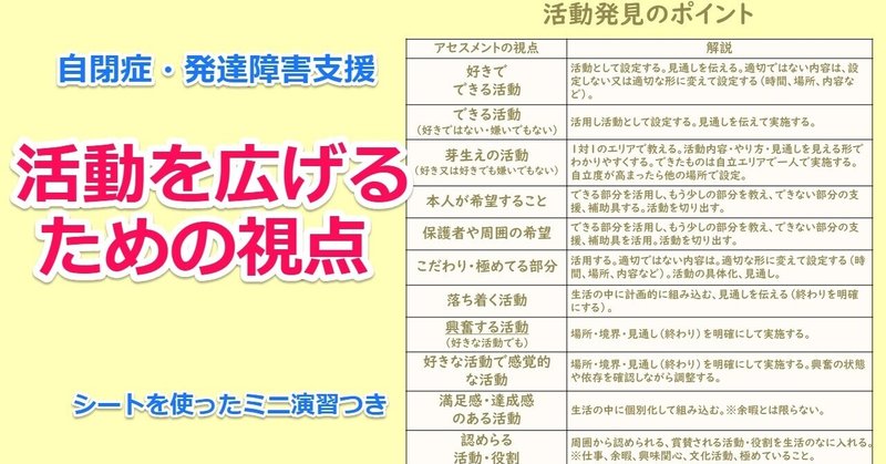 活動（余暇・仕事・生活・文化など）を発見する・増やす視点／自閉症・発達障害支援