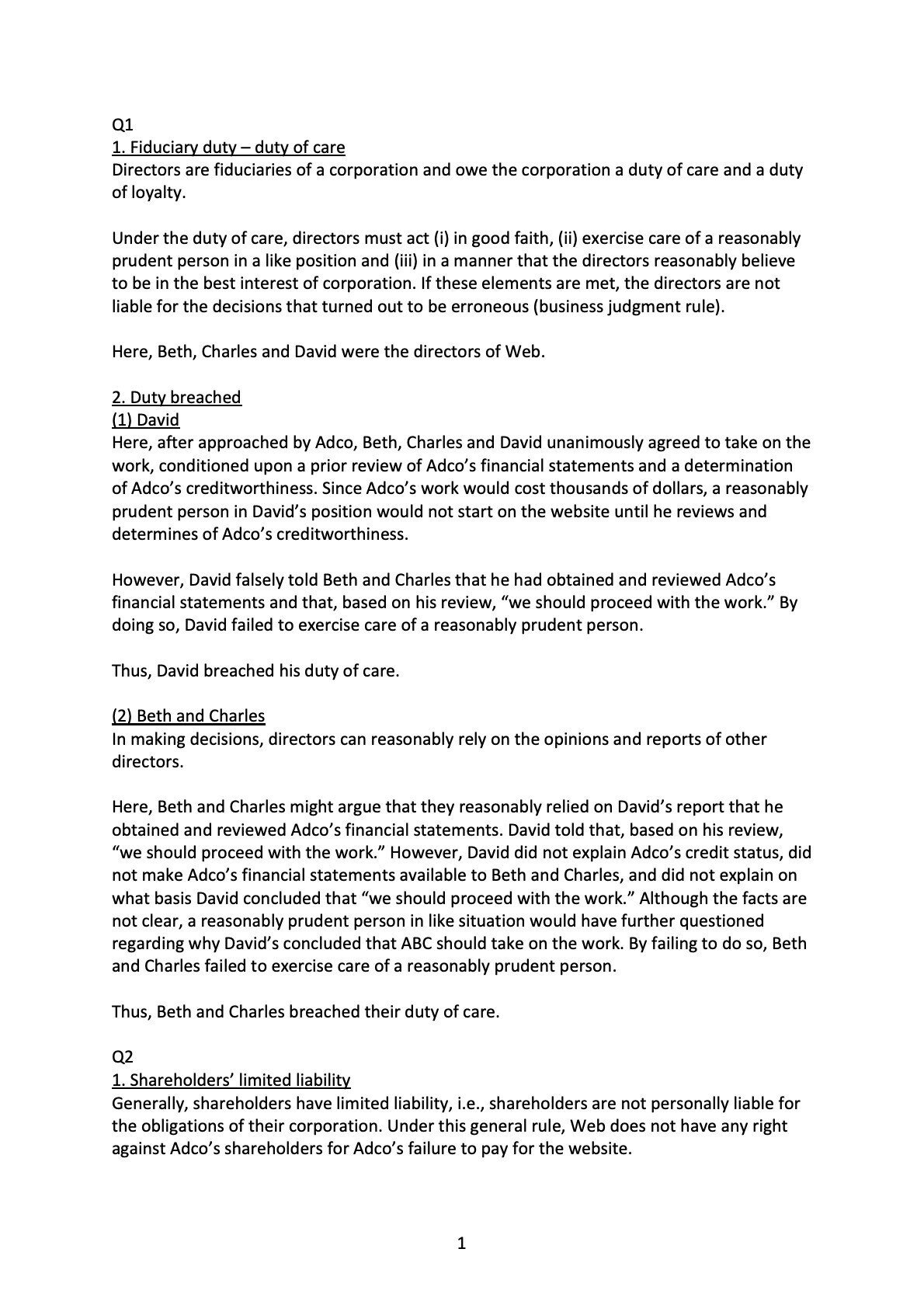 CA Bar Exam 練習答案 Business Associations (July 2006)｜うに弁護士