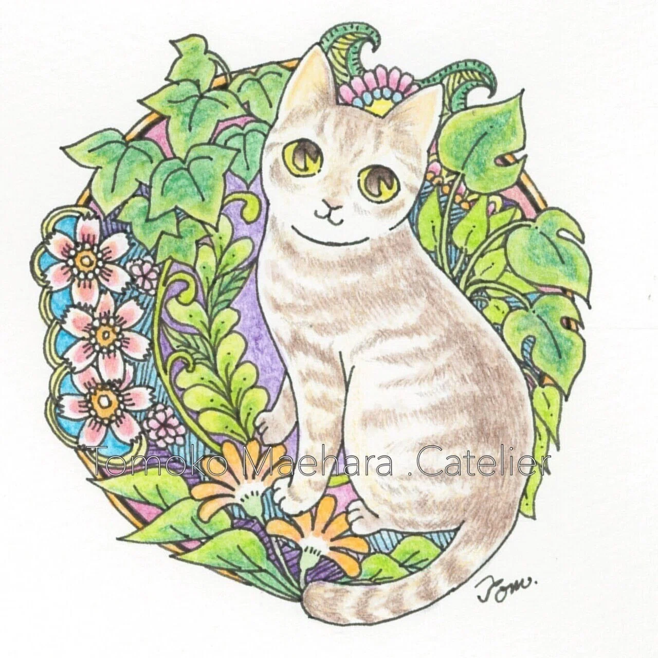 ねこ&植物アート/cat&plant pattern art｜MaeTomo＠ペット・アニマル
