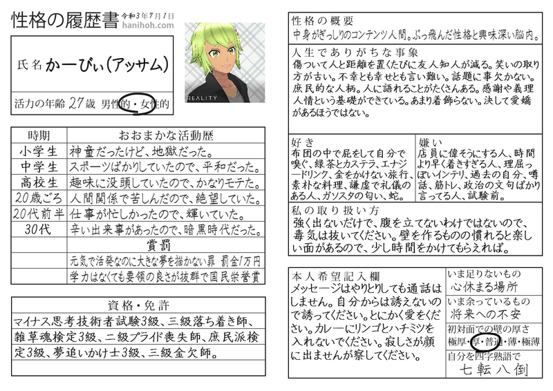 性格診断 性格の履歴書 無料のハニホー 性格傾向を履歴書に ぎっしり書き込む 診断結果 小学生は神童だったけど 地獄だった 自分を四字熟語で 七転八倒 Oho 草 これは楽しいかも おすすめで かーびぃ アッサム アニメとゲーム好き Note 性格診断 性格の履歴書 無料のハニホー 性格傾向を履歴書に ぎっしり書き込む 診断結果 小学生は神童だったけど 地獄だった 自分を四字熟語で 七転八倒 Oho 草 これは楽しいかも おすすめで かーびぃ アッサム アニメとゲーム好き Note