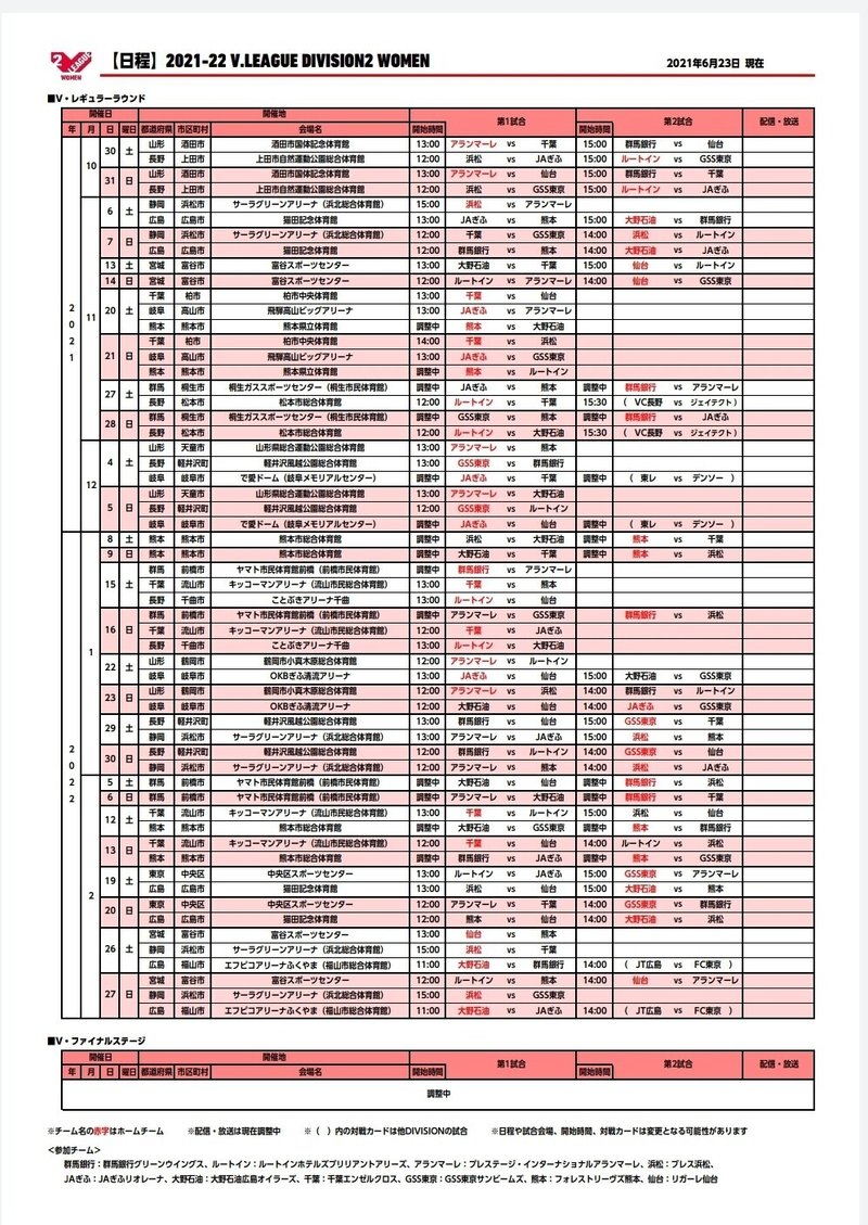 21 22 V League Division２ Women ｖ２女子 日程 が発表されました 山形酒田 アランマーレ 応援アカウント 非公式 Note