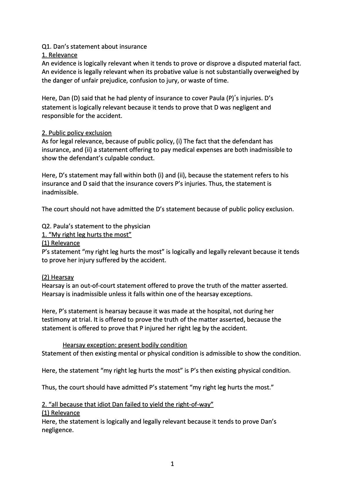 CA Bar Exam 練習答案 Evidence (July 2009)｜うに弁護士
