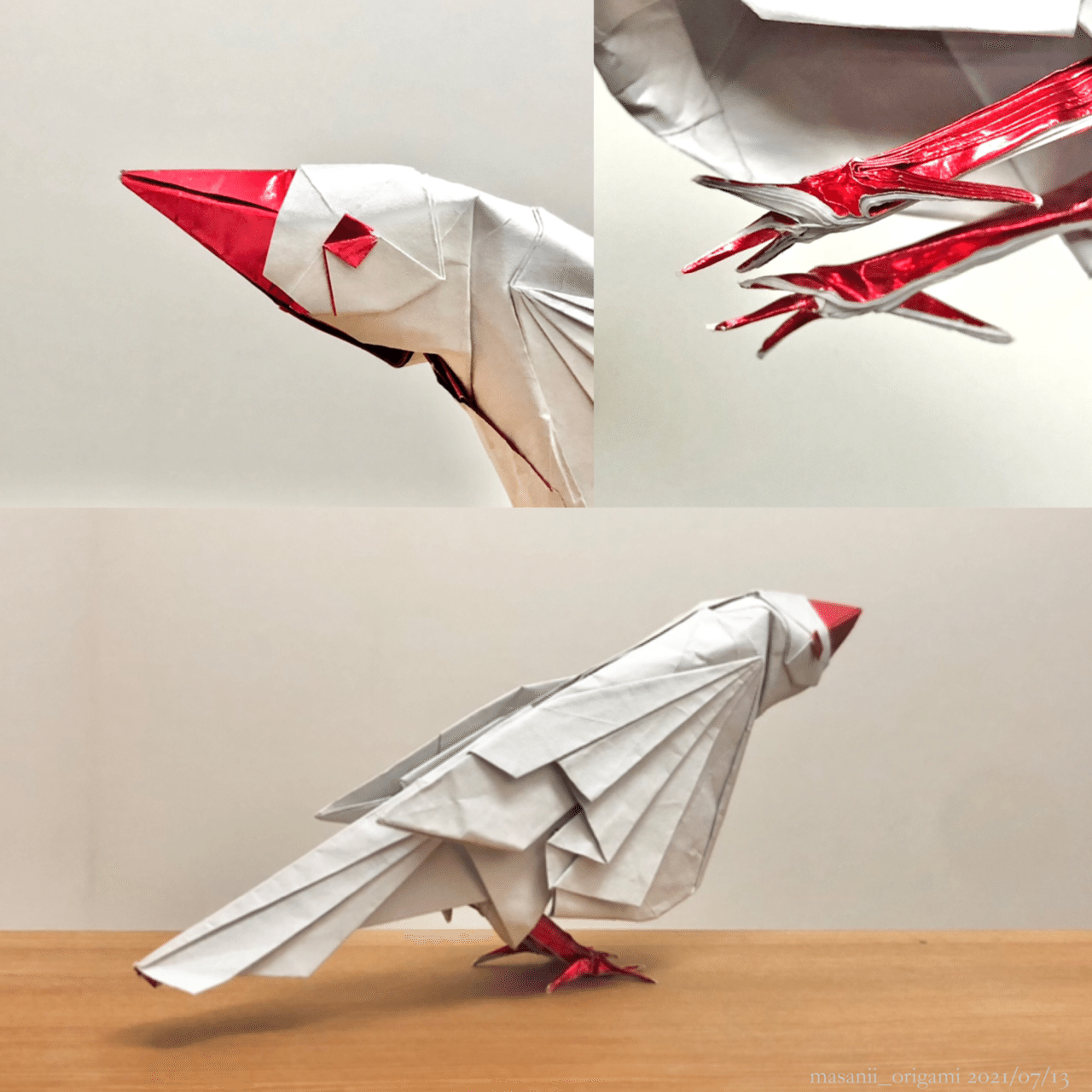 今にも飛び立ちそうなリアル折り紙「文鳥」。／