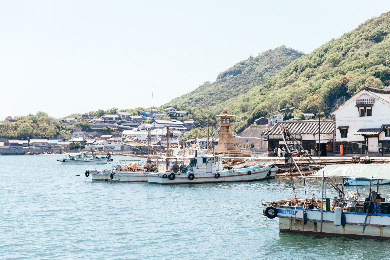 △ 手彩色 大判古写真 広島 福山 鞆 鞆の浦 表裏2枚セット
