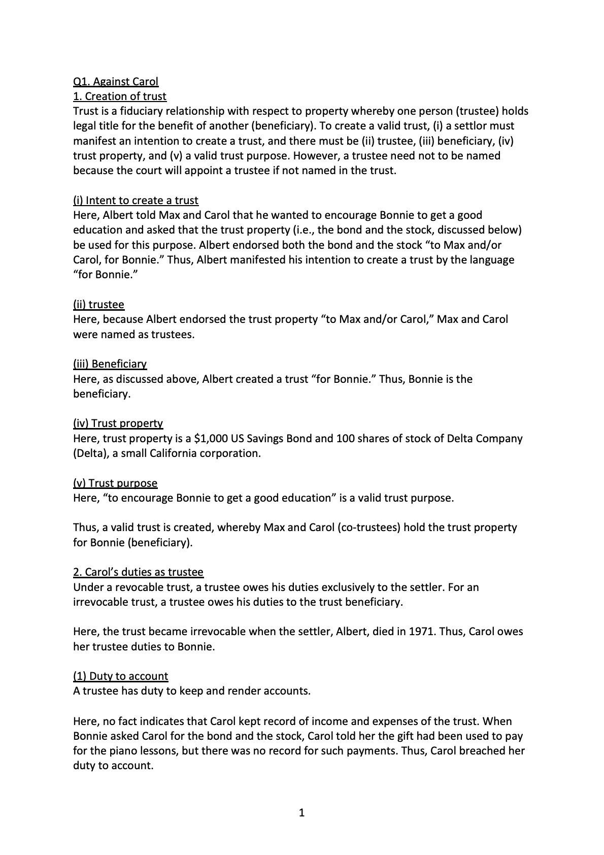 CA Bar Exam 練習答案 Wills and Trusts (February 1990)｜うに弁護士