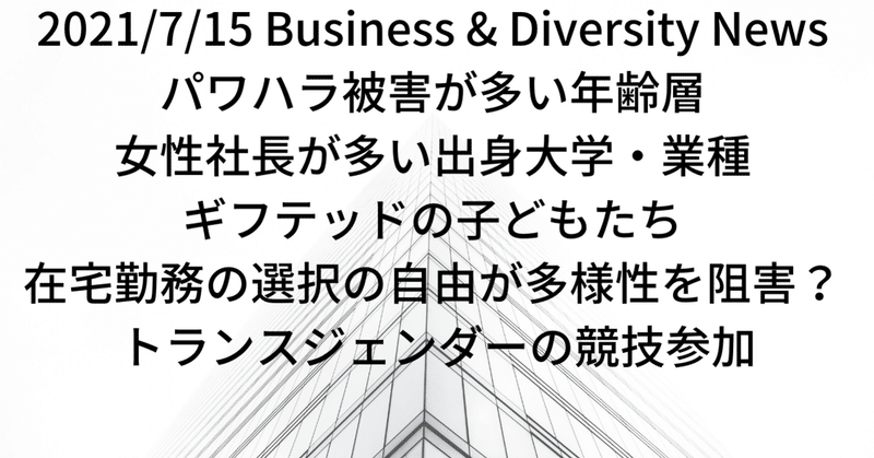 今日の注目(7/15)パワハラ被害が多い年齢層、女性社長が多い出身大学・業種、ギフテッドの子どもたち、在宅勤務の選択の自由が多様性を阻害? トランスジェンダーの競技参加
