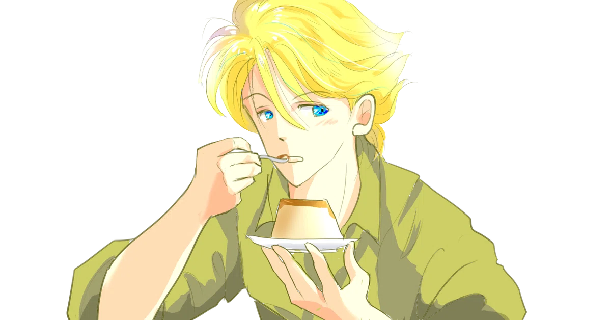 プリンを食べる作業服
