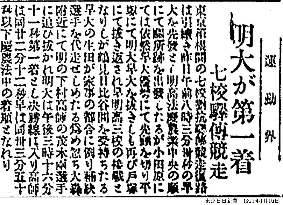 百年ﾆｭｰｽ】1921(大正10)1月9日(日) 第2回東京箱根間往復大学駅伝競走2