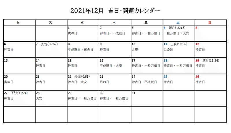 吉日・開運カレンダー12月
