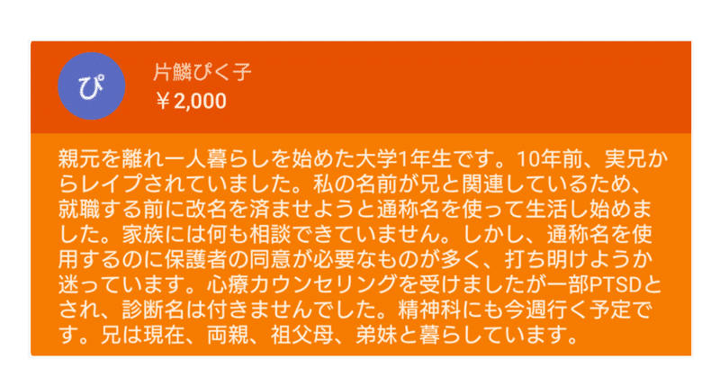 一人暮し大学1年生。過去に実兄にレイプされた。名前が兄と関連している為、改名したいが保護者の同意が必要。打ち明けようか迷っている。