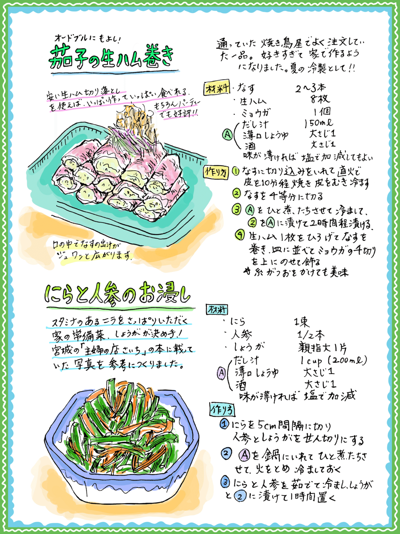 茄子の生ハム巻き ニラと人参のお浸し Misa Okubo イラストレシピ Note