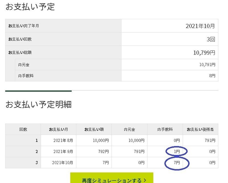 マイ・ペイすリボ支払予定シミュ小銭投入後