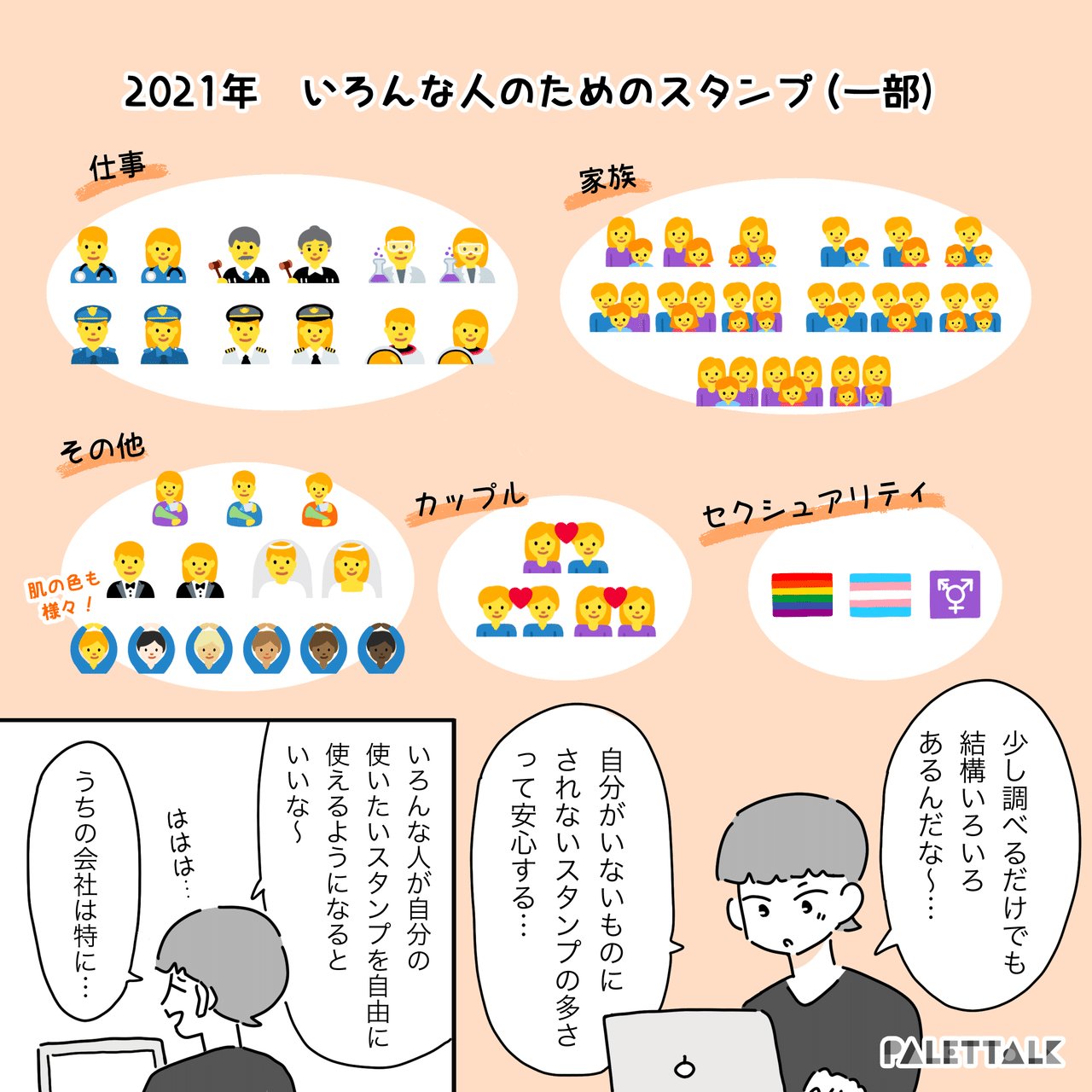 女性は女性の絵文字しか使っちゃダメ 社内用チャットツールで指摘された男女の こうあるべき に思うこと 漫画でわかるlgbtq パレットーク Note