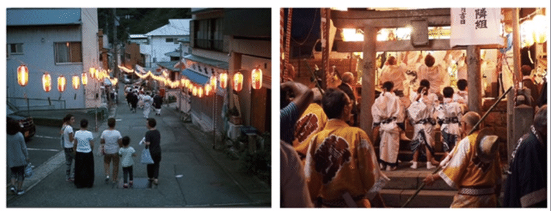 「ローカル×ローカル」11、12_真鶴・祭りの日の街並みと人々、真鶴・貴船祭り夜の神社前の様子
