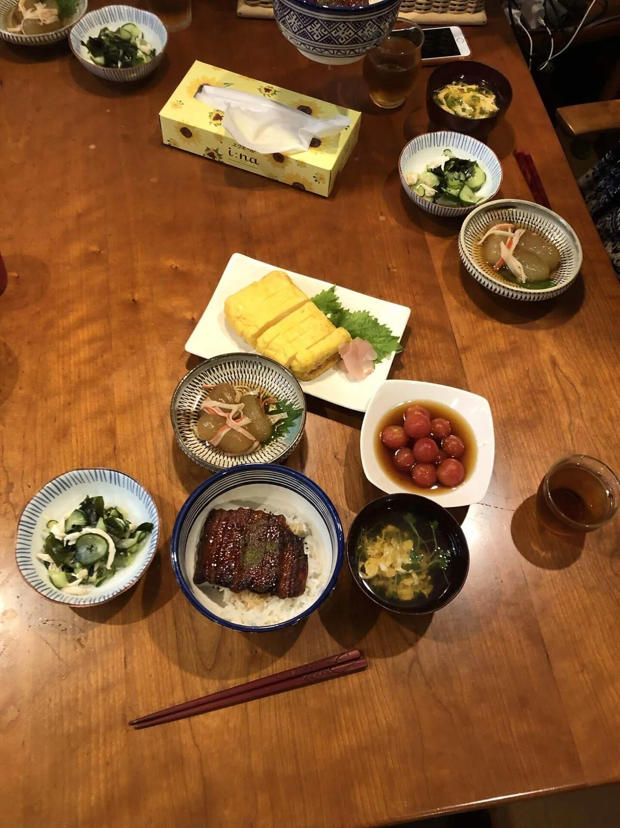 丑の日 鰻丼 だし巻き 冬瓜の煮物 きゅうり酢の物 ミニトマト煮浸し かきたま汁 チイヨ Note