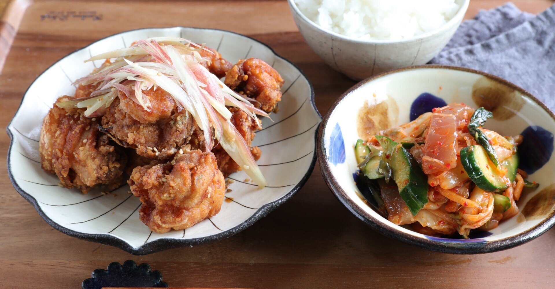 主菜 香味唐揚げ みょうがポン酢 副菜 マグロとキムチの和え物 の作り方 ぐっち夫婦 料理家 Note