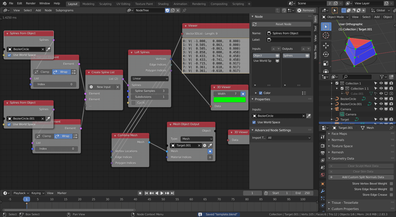 Blender アニメーションノード Loft Splines 銀感じょう Note