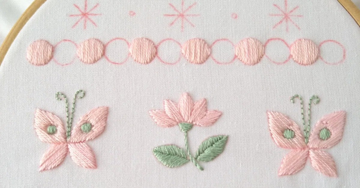 2色の刺繍糸で楽しむ花と蝶の刺繍図案* ステップ8 〜丸の模様1