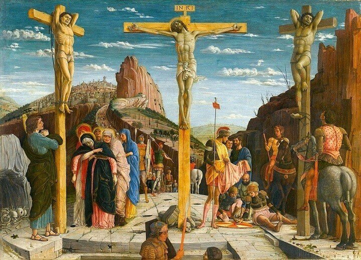 Mantegna,_Andrea_-_crucifixion_-_Louvre_from_Predella_San_Zeno_Altarpiece_Verona アンドレア・マンテーニャ　磔刑図　イエスキリストの十字架