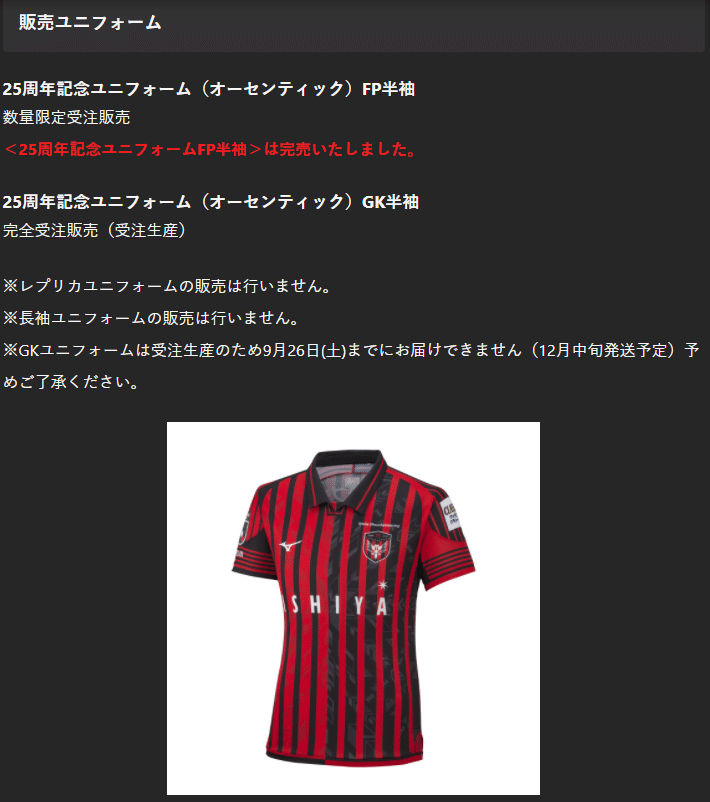 コンサドーレ25周年記念ユニフォーム Gk