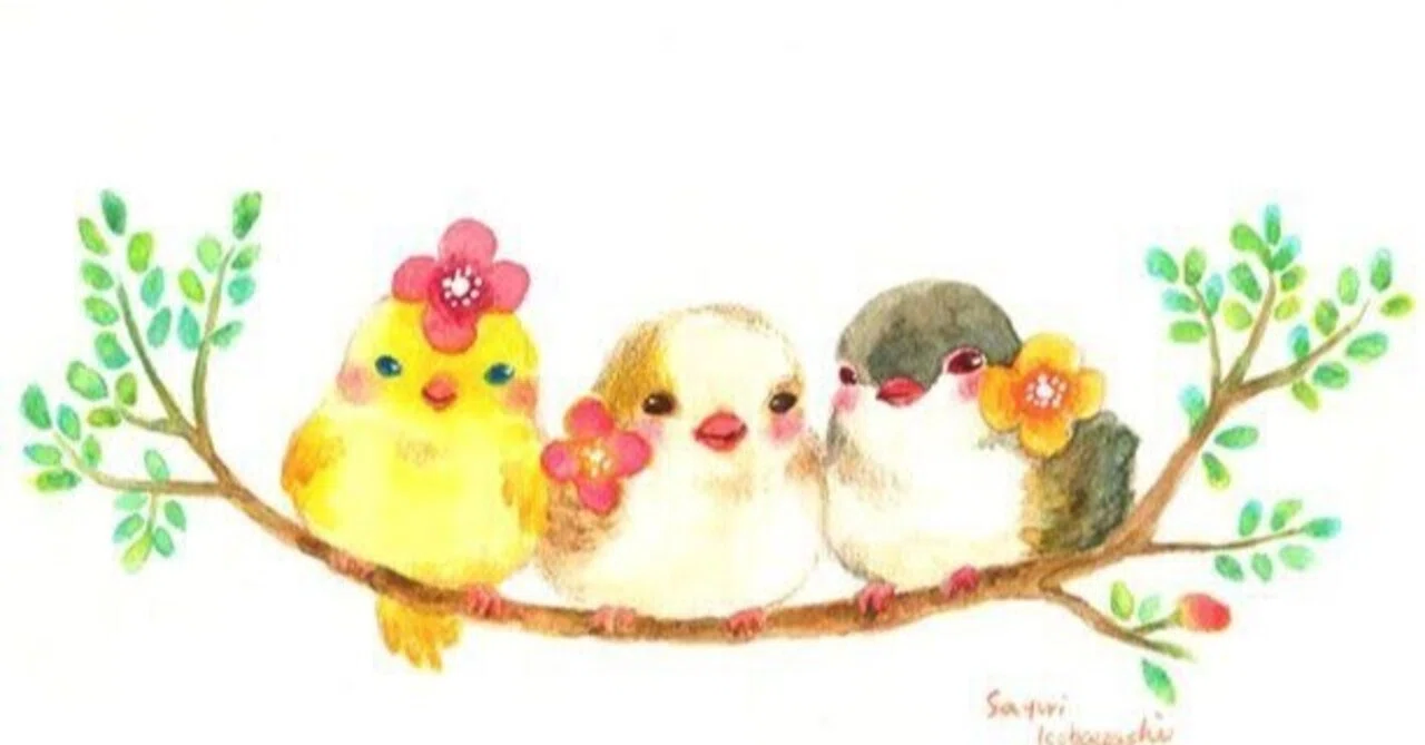 油絵　Alles Gute　仲良く集まるくちばしの小さな鳥たち　2 第1717回 仲良しの鳥たち｜翆野 大地