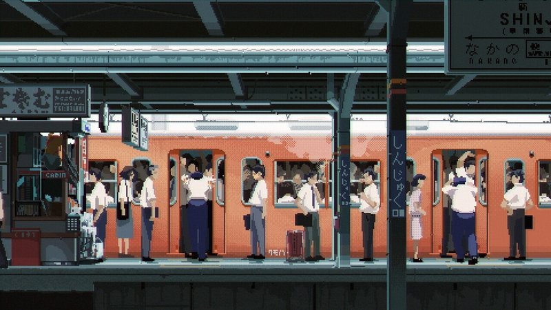 1970年代の新宿駅ホームの画像。満員電車に乗って通勤する人々の様子が描かれている。ホームでタバコを吸っている人もいる。