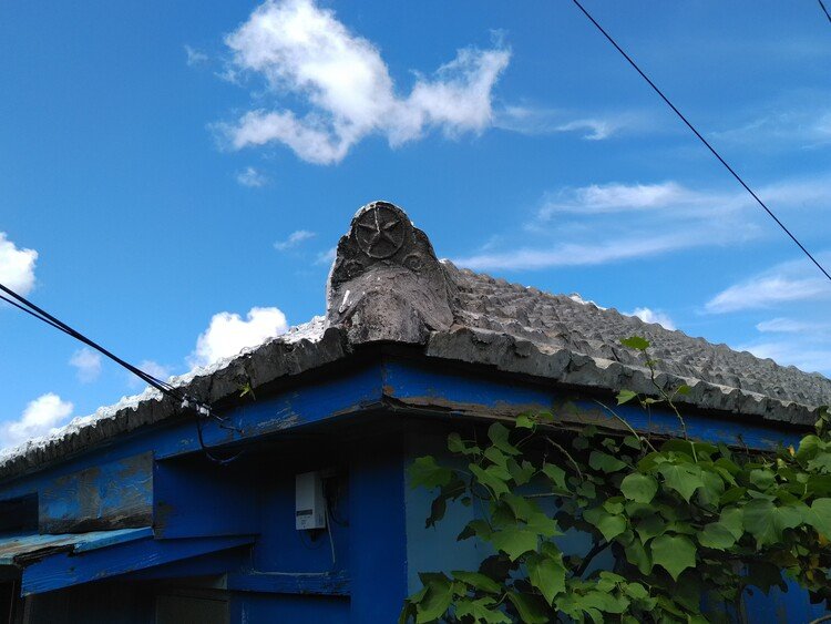 星印のセメント瓦！
家の壁と空の青がいい感じです。
セメント瓦は今や絶滅危惧種なので、記録保存を心がけています！