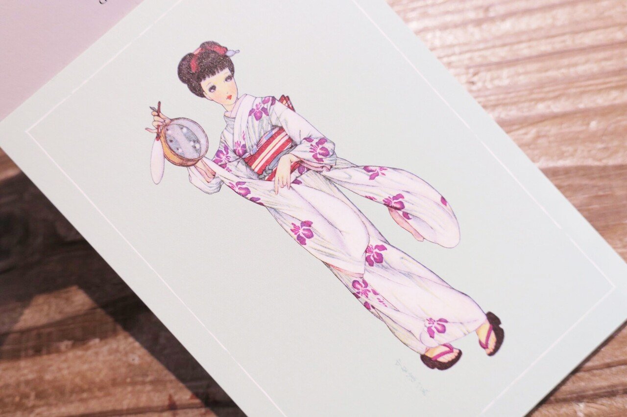 美品 中原淳一 叙情美少女画「雨」多色摺木版画 中原蒼二監修
