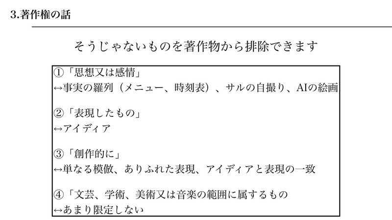①「思想または感情」↔事実の羅列、サルの自撮り、AIの絵画 ②「表現したもの」↔アイディア ③「創作的に」↔単なる模倣、ありふれた表現、アイディアと表現の一致 ④「文芸、学術、美術または音楽の範囲に属するもの」↔あまり限定しない