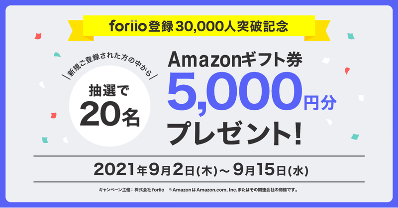 foriio登録30,000人突破記念!foriioに新規登録でAmazonギフト券5,000円分プレゼントキャンペーン、9月2日スタート
