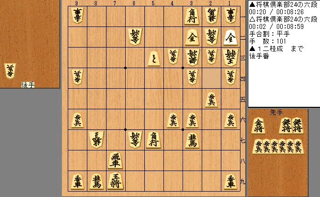 将棋倶楽部24の六段 凄い頓死 101手目1二桂成